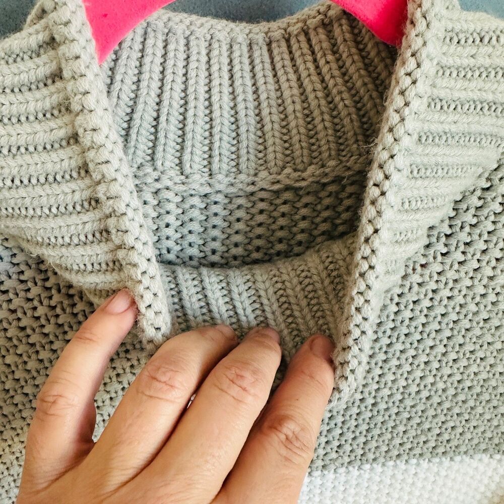 oversized chunky knit colorblock sweater mock neck neutral cozy boho pullover - Picture 3 of 9